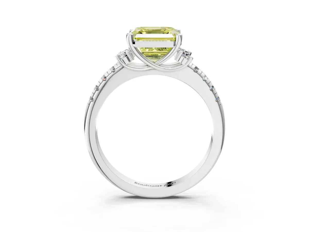 Fancy Yellow Asscher Cut Diamond Three-Stone Pave Band with Four-Prong Setting Platinum