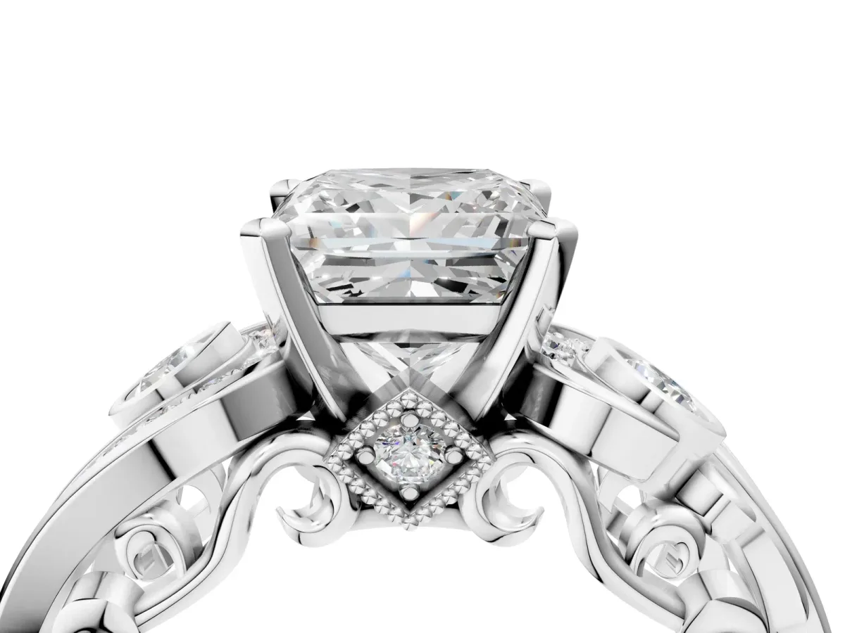 Princess Cut Diamond Solitaire Ring with Milgrain Pavé Band and Four-Prong Setting Silver