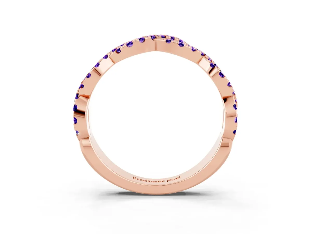 Round Tanzanite Twisted Eternity Band with Pavé and Shared Prong Setting Rose gold