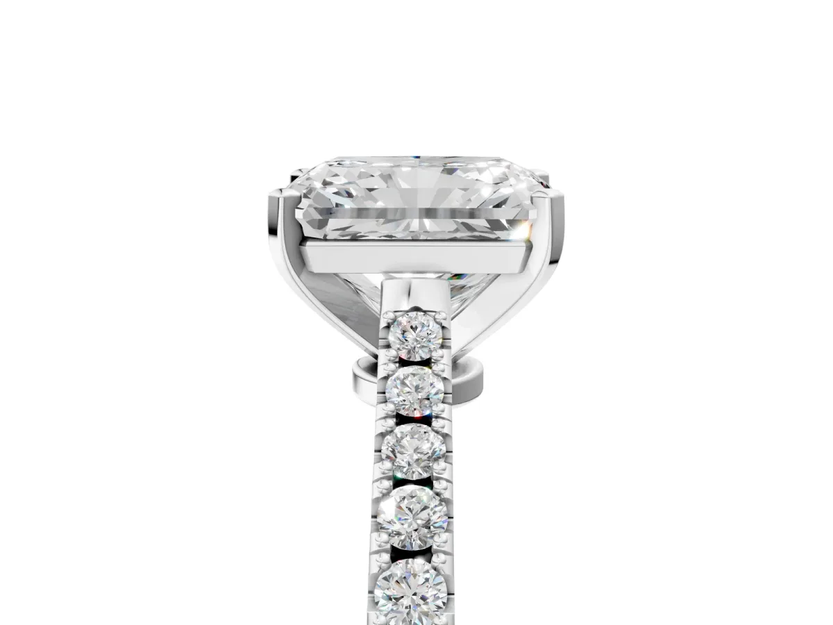 Radiant Cut Cut Solitaire Diamond Engagement Ring with Pave Band and Four-Prong Setting Silver