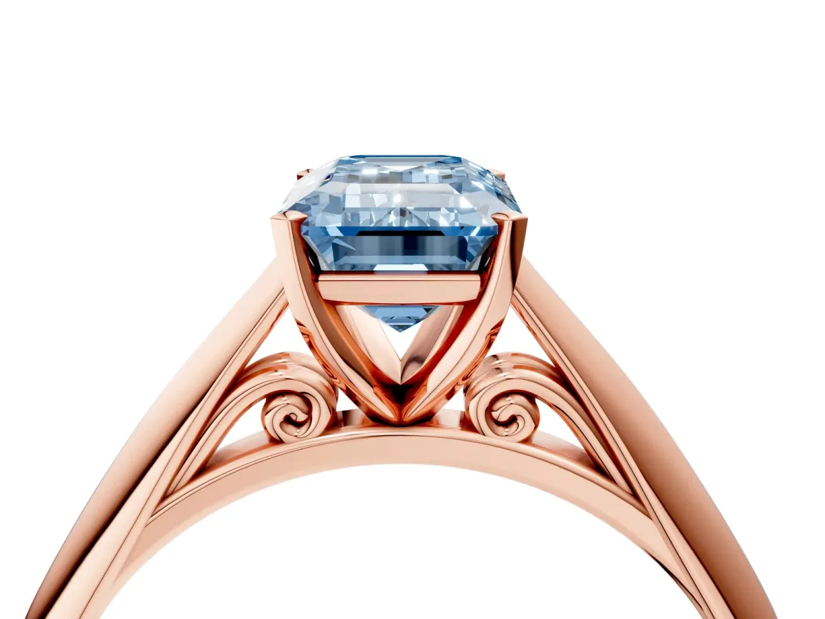 Fancy Blue Emerald Cut Diamond Solitaire Engagement Ring with Cathedral Setting and Four-Prong Mount Rose gold