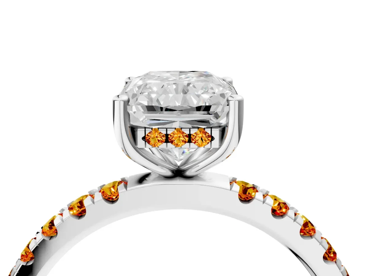 Radiant Cut Diamond Pave Band Solitaire Ring with Round Citrine and Prong Setting Silver