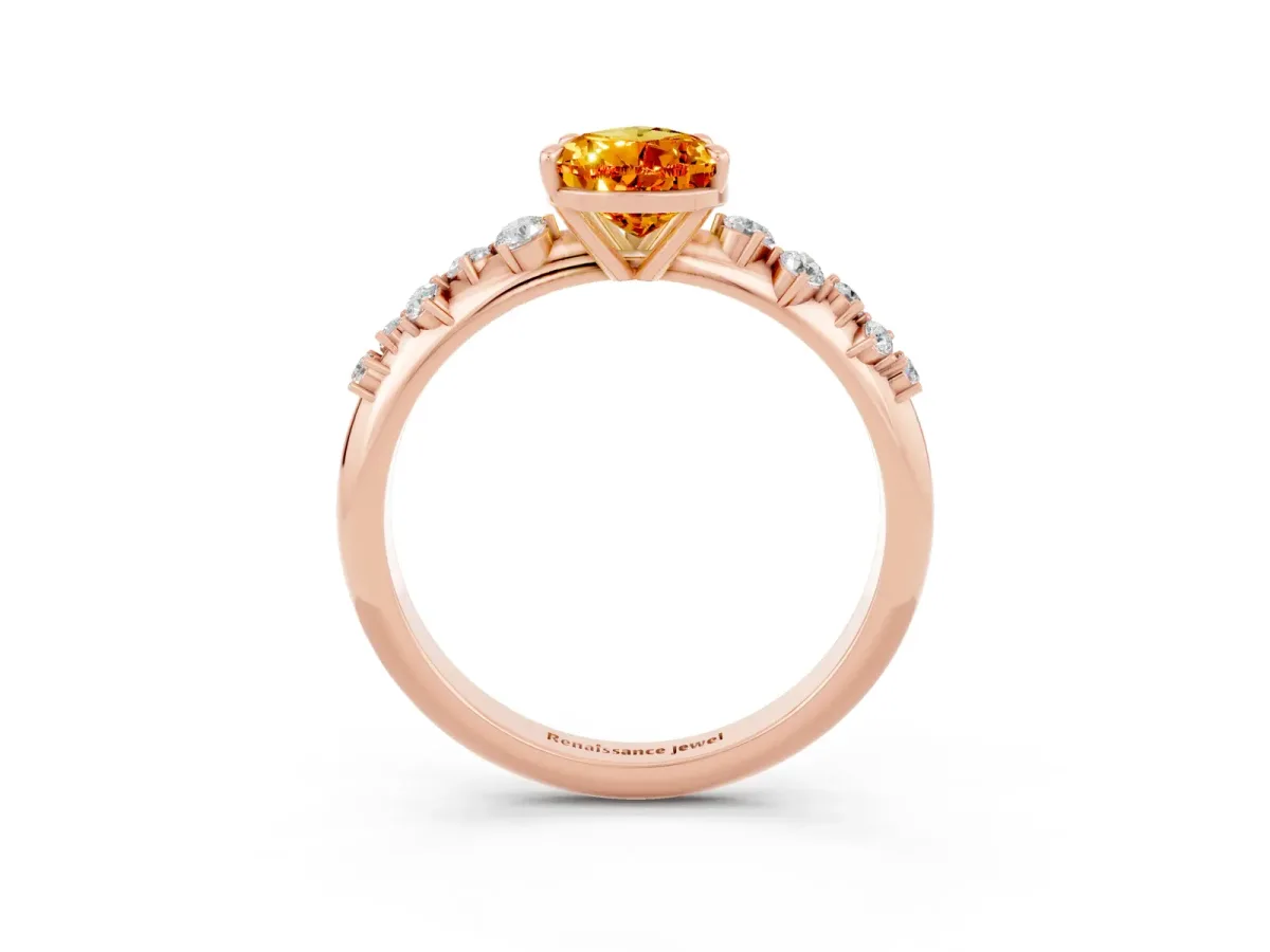 Pear Cut Citrine Cluster Side Stone Solitaire Ring with Prong Setting Rose gold