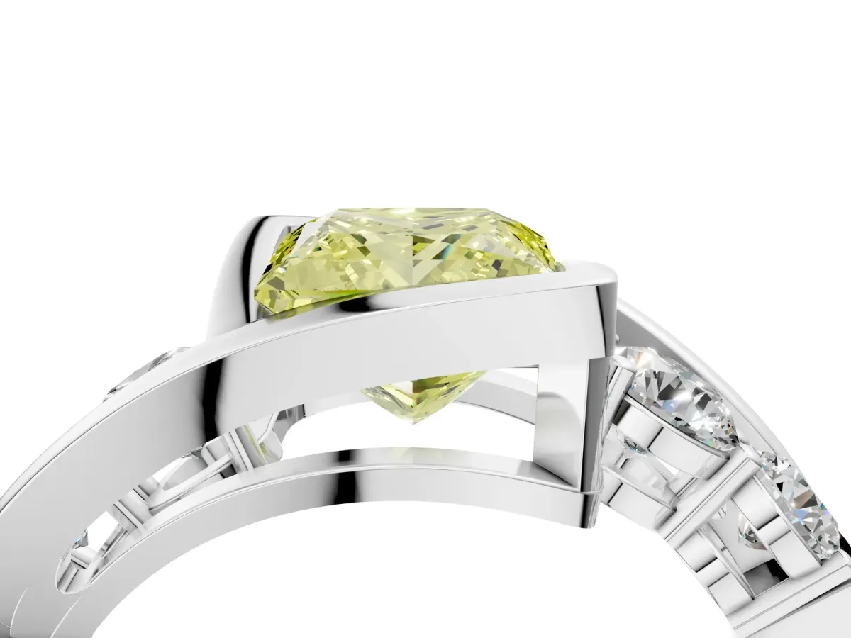 Fancy Yellow Bezel Set Princess Cut Diamond Bypass Ring with Round Accents Platinum