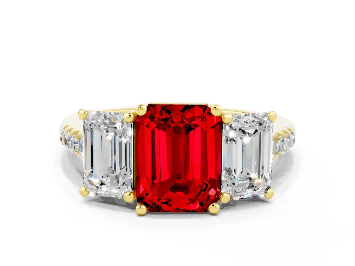 Three-Stone Emerald Cut Ruby Ring with Round Pavé Band and Prong Setting Yellow gold