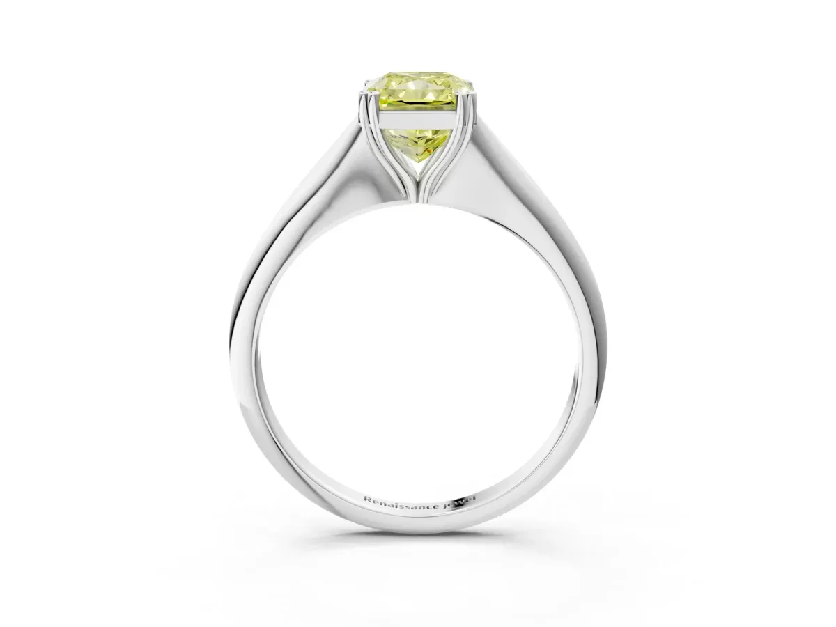 Fancy Yellow Radiant Cut Solitaire Diamond Ring with Six-Prong Setting and Classic Band Platinum