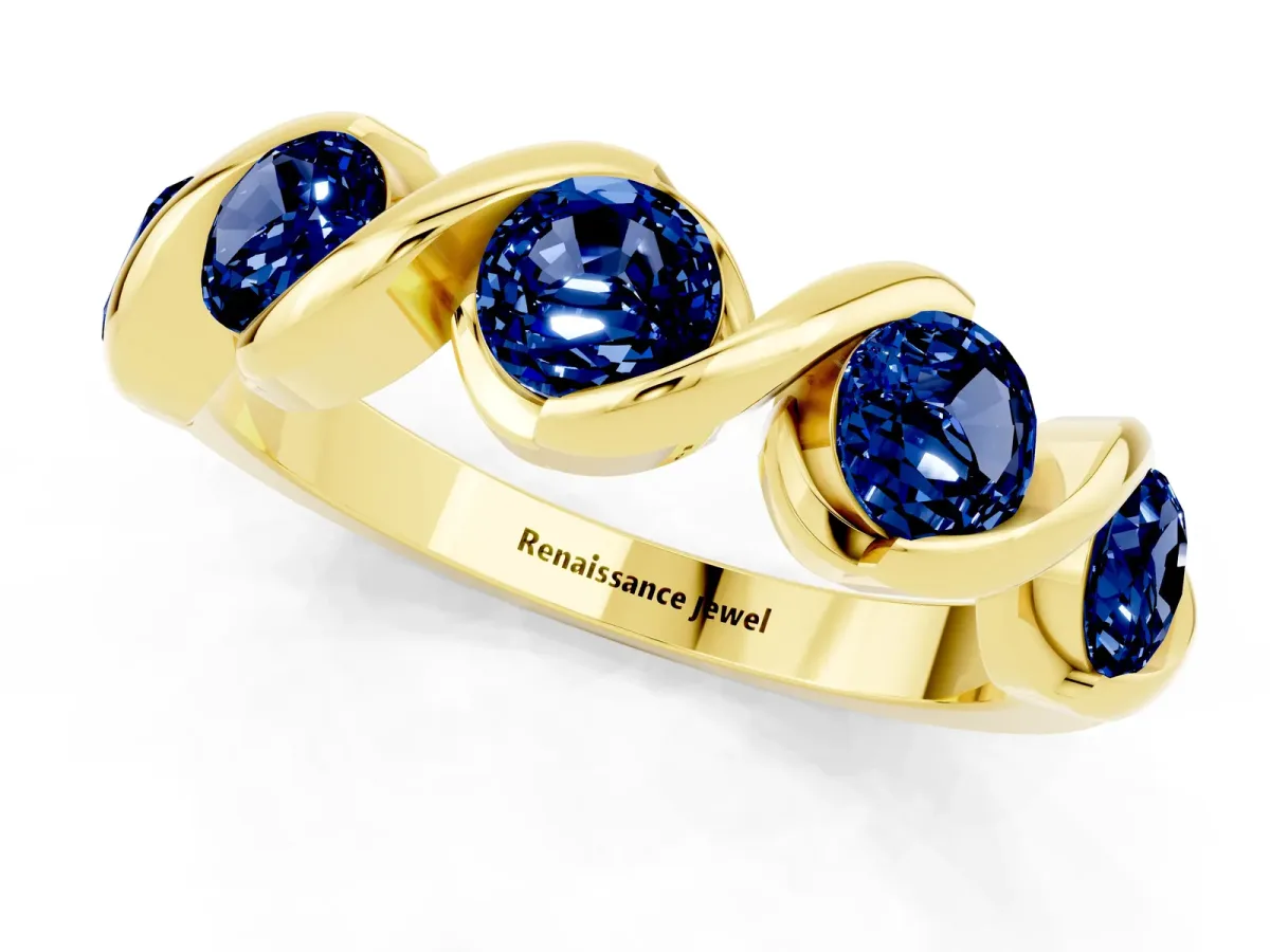 Round Blue Sapphire Wave Band with Channel Setting and Shared Prongs Yellow gold