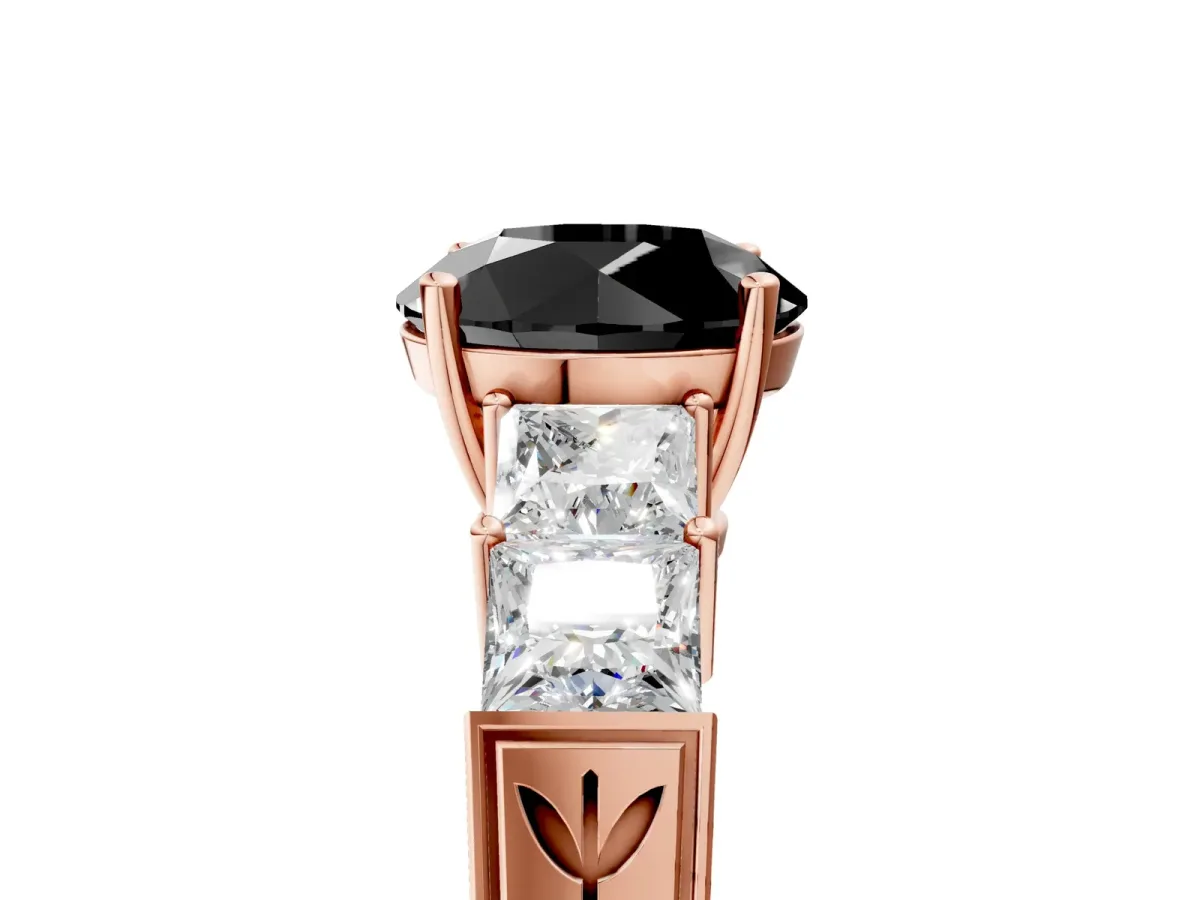 Fancy Black Round Cut Solitaire Princess Side Stone Engraved Band Prong Setting Ring Rose gold