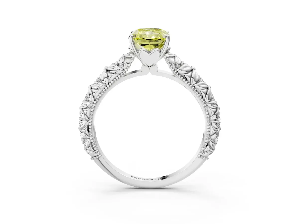 Fancy Yellow Radiant Cut Solitaire Floral Milgrain Engagement Ring Platinum