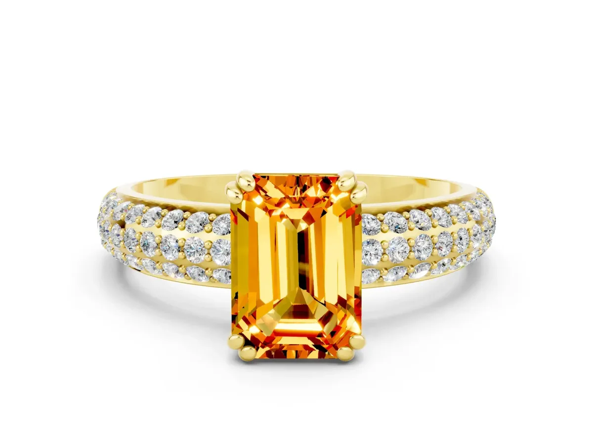Emerald Cut Citrine Vintage Milgrain Ring with Round Stations Yellow gold