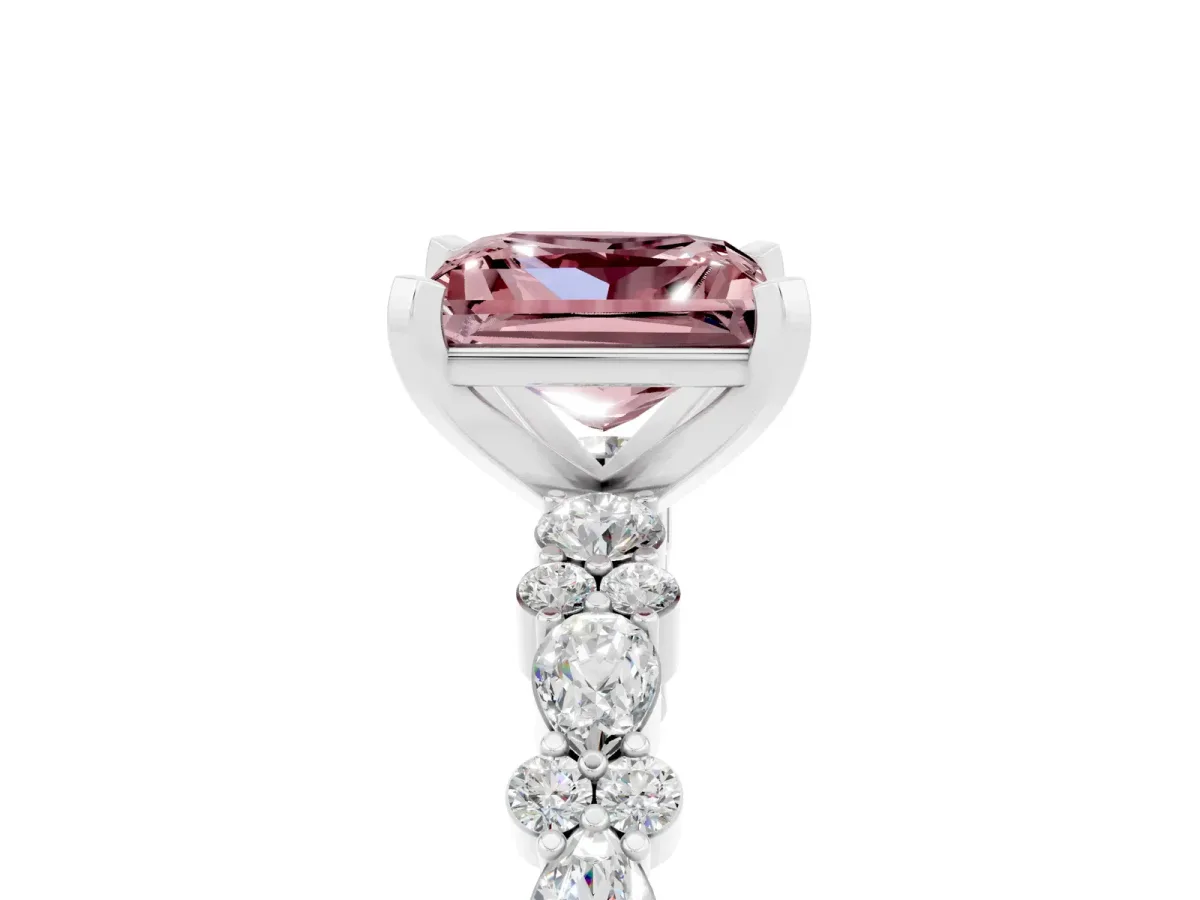 Princess Cut Morganite Side Stone Solitaire Ring with Round and Four-Prong Setting Silver