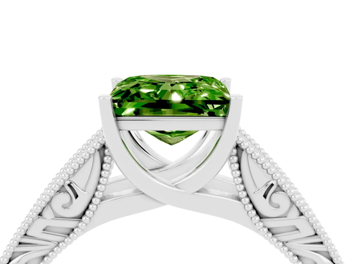 Princess Cut Peridot Solitaire Ring with Engraved Band and Four-Prong Setting White gold