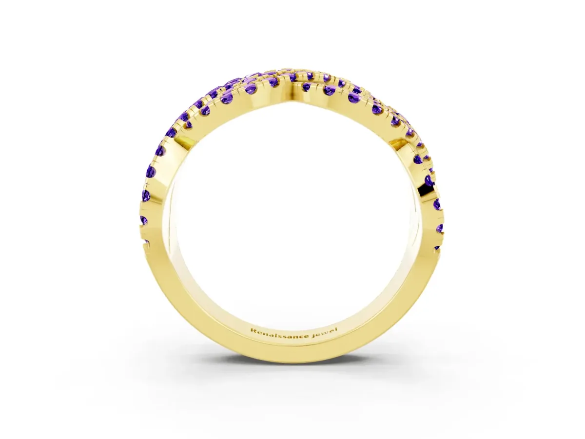 Pavé Round Tanzanite Infinity Twist Band with Shared Prong Setting Yellow gold