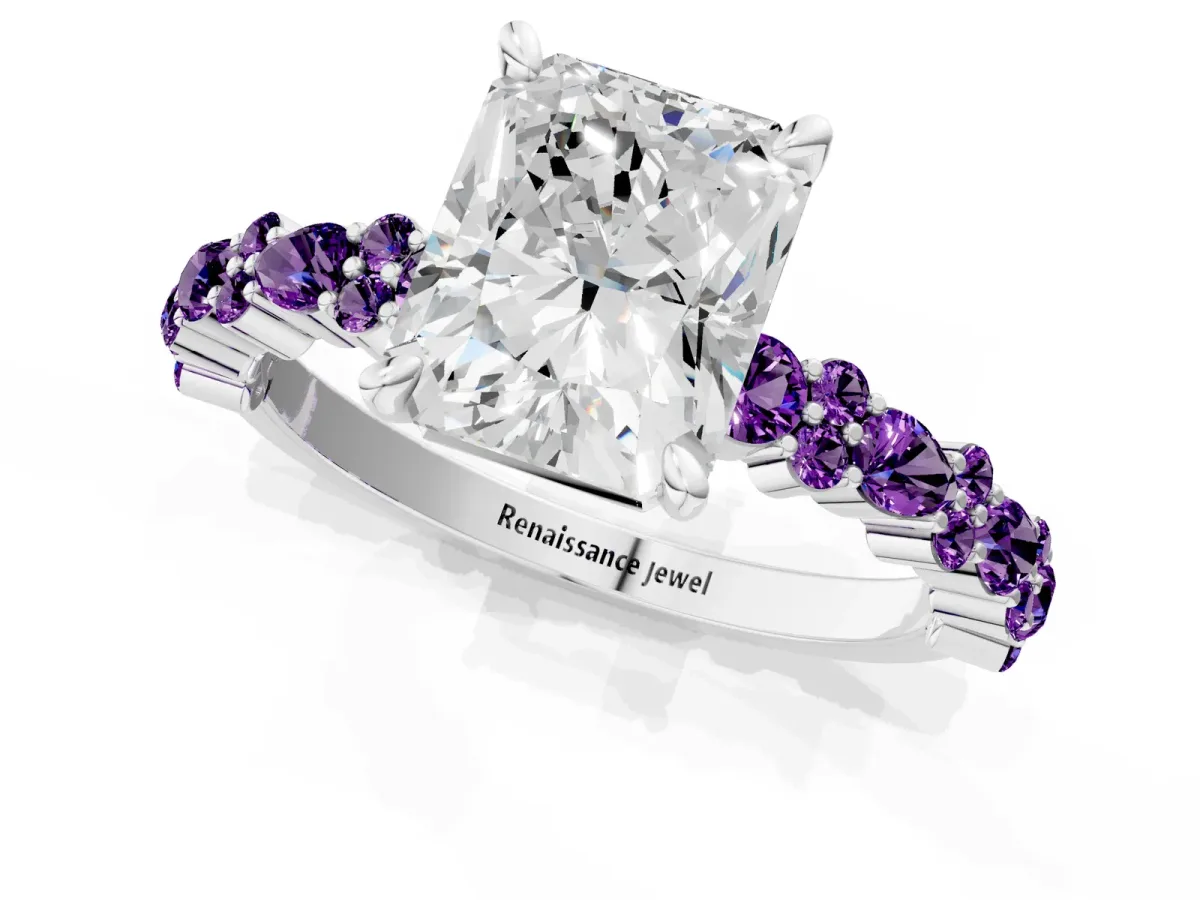 Radiant Cut Diamond Side Stone Solitaire Ring with Round Amethyst and Four-Prong Setting Platinum