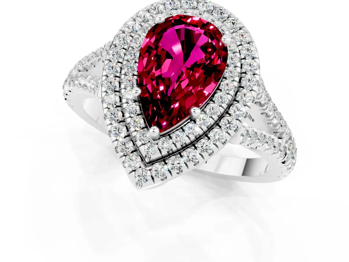 Pear Cut Garnet Double Halo Ring with Pavé Band and Prong Setting Silver