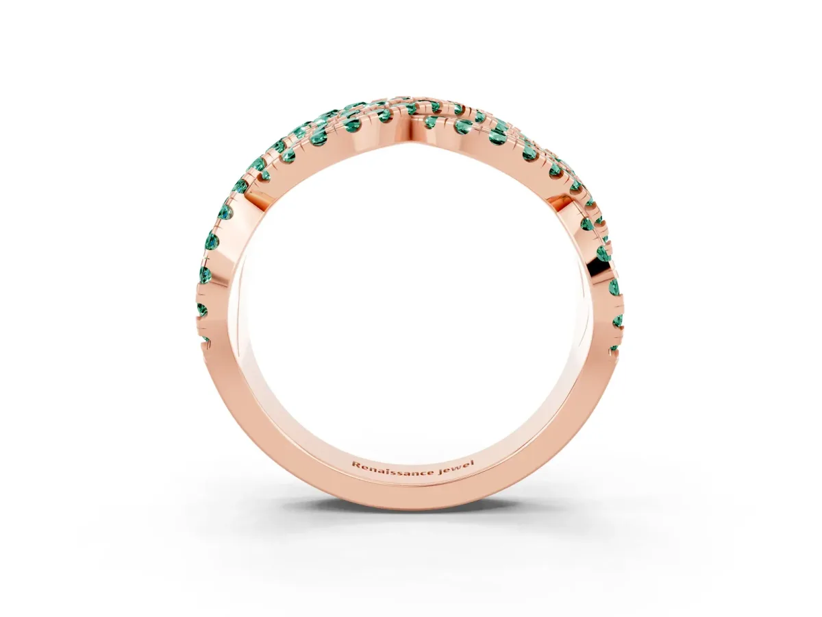 Pavé Round Green Sapphire Infinity Twist Band with Shared Prong Setting Rose gold