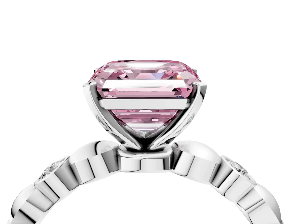Fancy Pink Asscher Cut Solitaire Bezel-Set Diamond Ring with Beaded Band and Four-Prong Setting Platinum