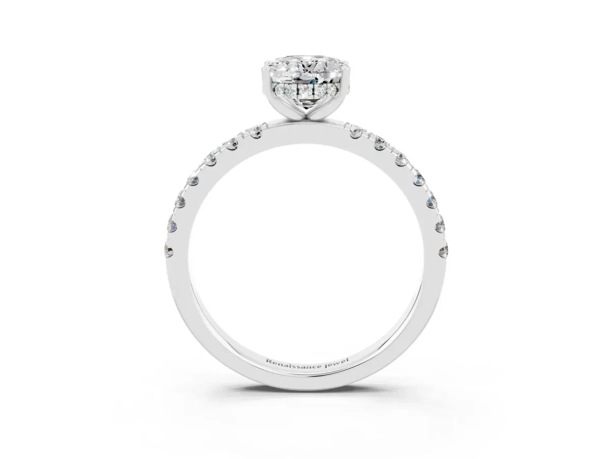 Oval Cut Moissanite Pave Band Solitaire Ring with Round and Prong Setting Silver