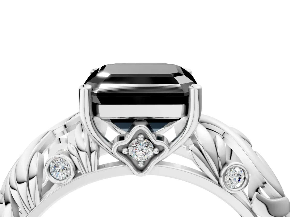 Fancy Black Asscher Cut Solitaire Diamond Leaf-Inspired Vine Band Ring with Prong Setting Platinum