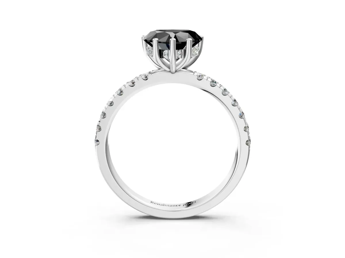 Fancy Black Heart Cut Diamond Pave Band Solitaire Ring with Round and Prong Setting Platinum
