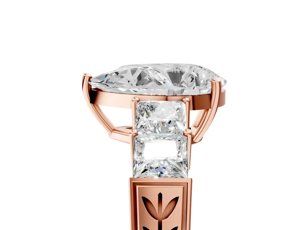 Pear Cut Solitaire Princess Side Stone Engraved Band Prong Setting Ring Rose gold