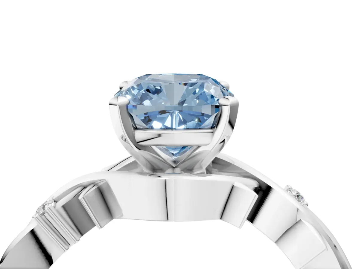Fancy Blue Cushion Cut Diamond Solitaire Ring with Twisted Band and Prong Setting Platinum