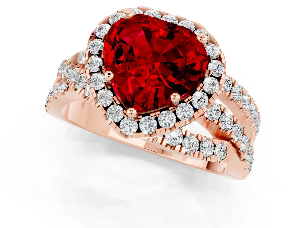 Heart Cut Ruby Halo Ring with Round Split Shank and Prong Setting Rose gold