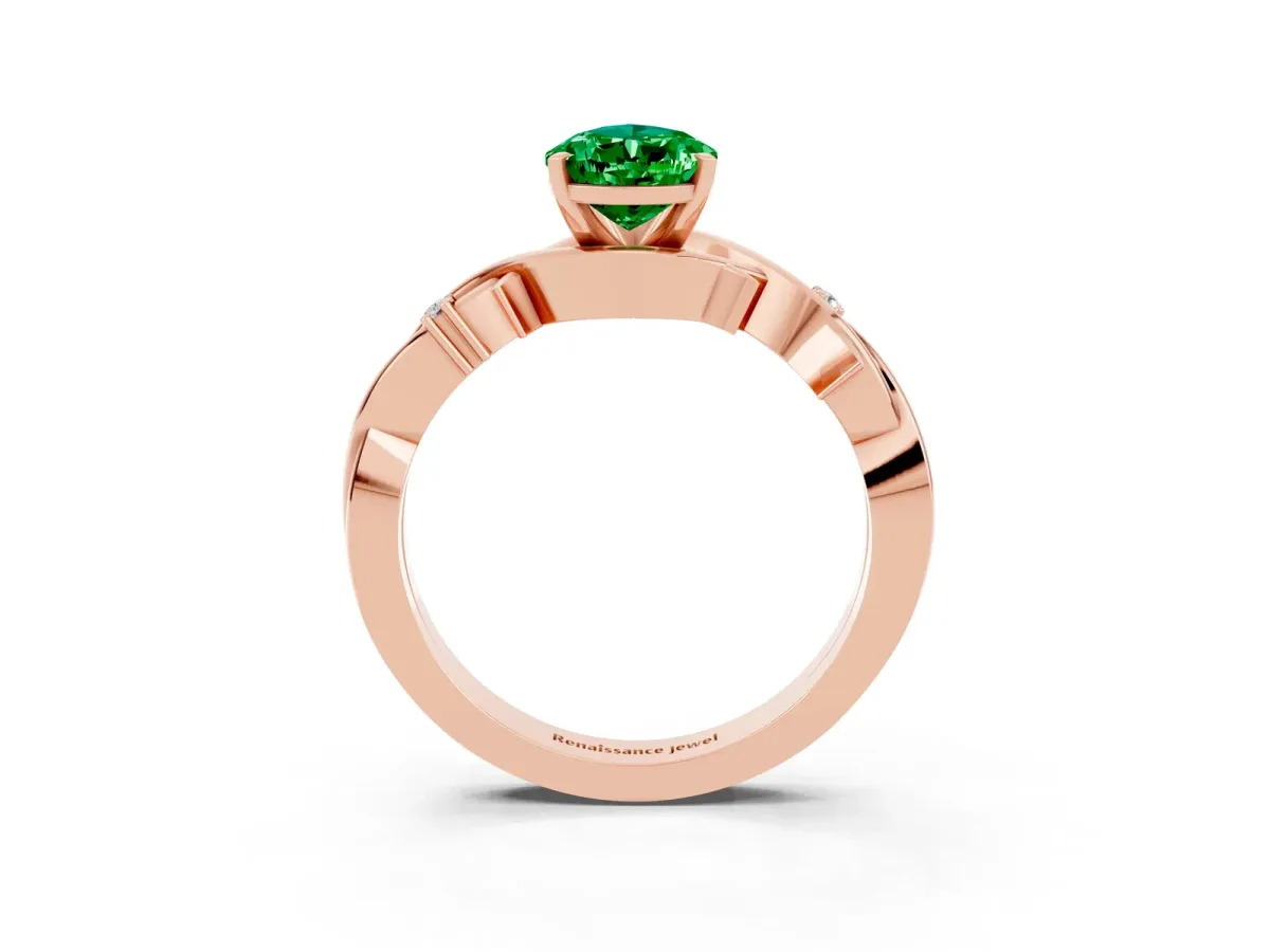 Pear Cut Emerald Solitaire Ring with Twisted Band and Prong Setting Rose gold