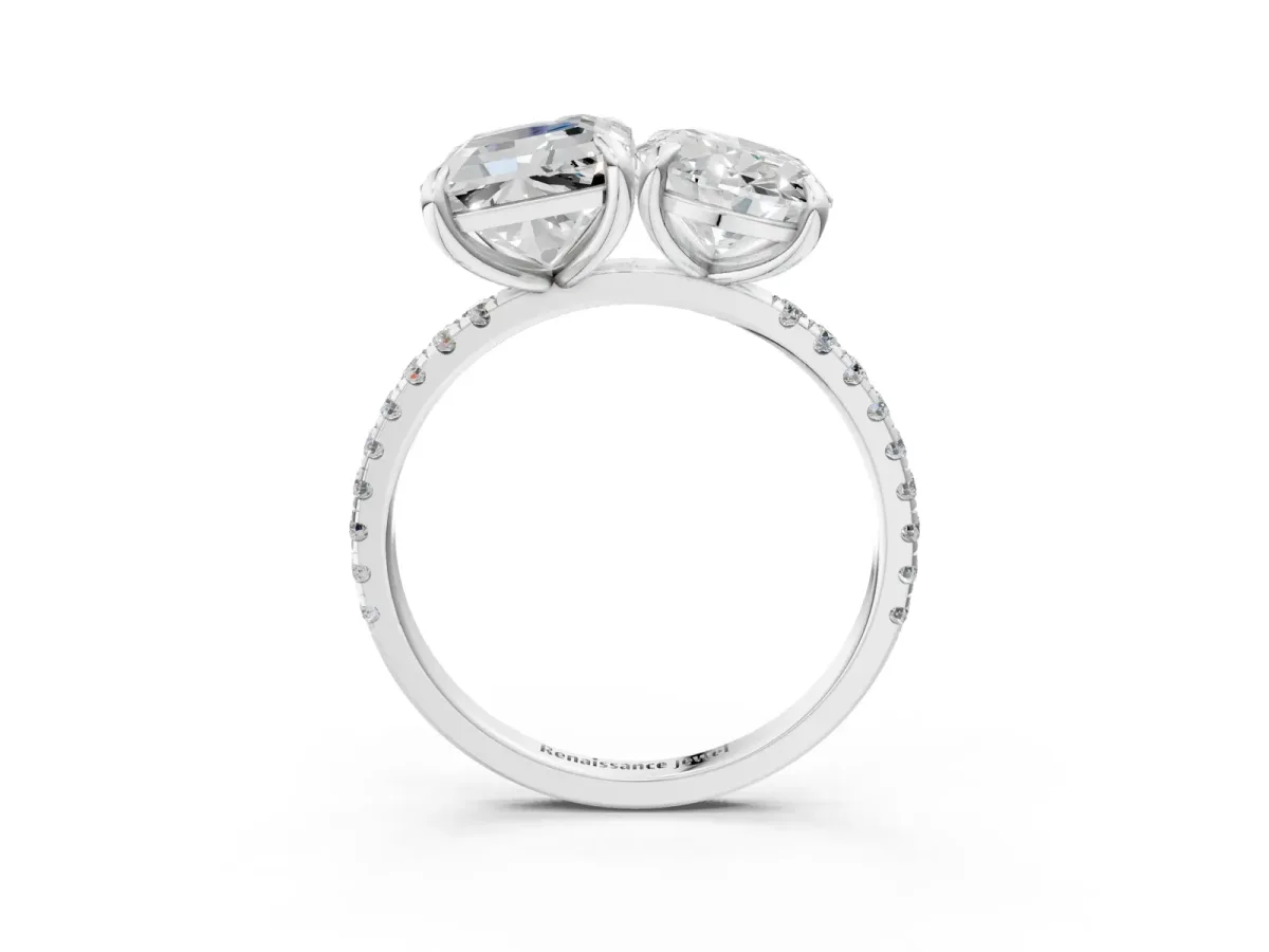 Oval and Emerald Toi Moi Ring with Prong Setting and Micro Pave Band Silver