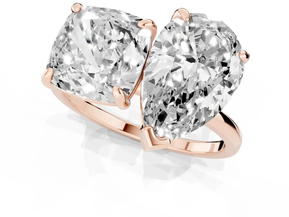 Pear and Cushion Toi Moi Ring with Prong Setting and Plain Band Rose gold