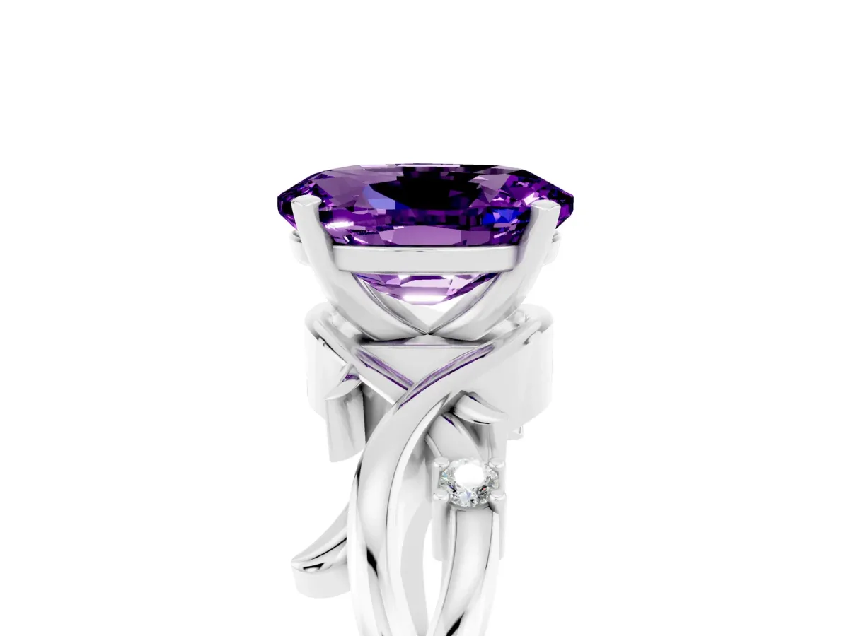 Oval Cut Amethyst Solitaire Ring with Twisted Band and Prong Setting White gold