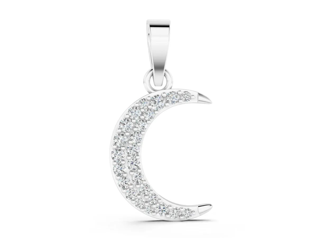Pavé Round Diamond Crescent Pendant with Four-Prong Setting White gold