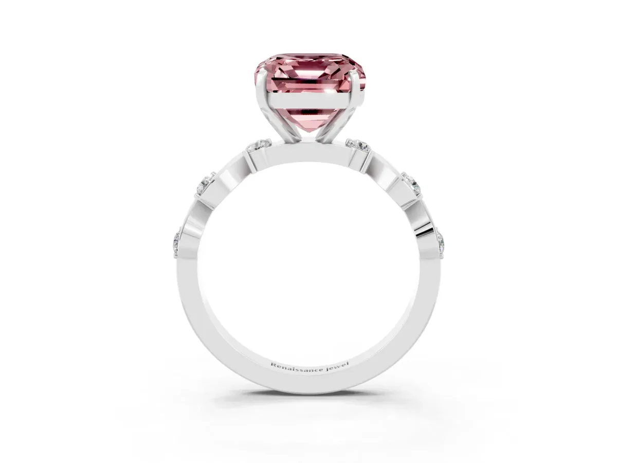 Emerald Cut Morganite Solitaire Twisted Band with Round Accents and Prong Setting Silver