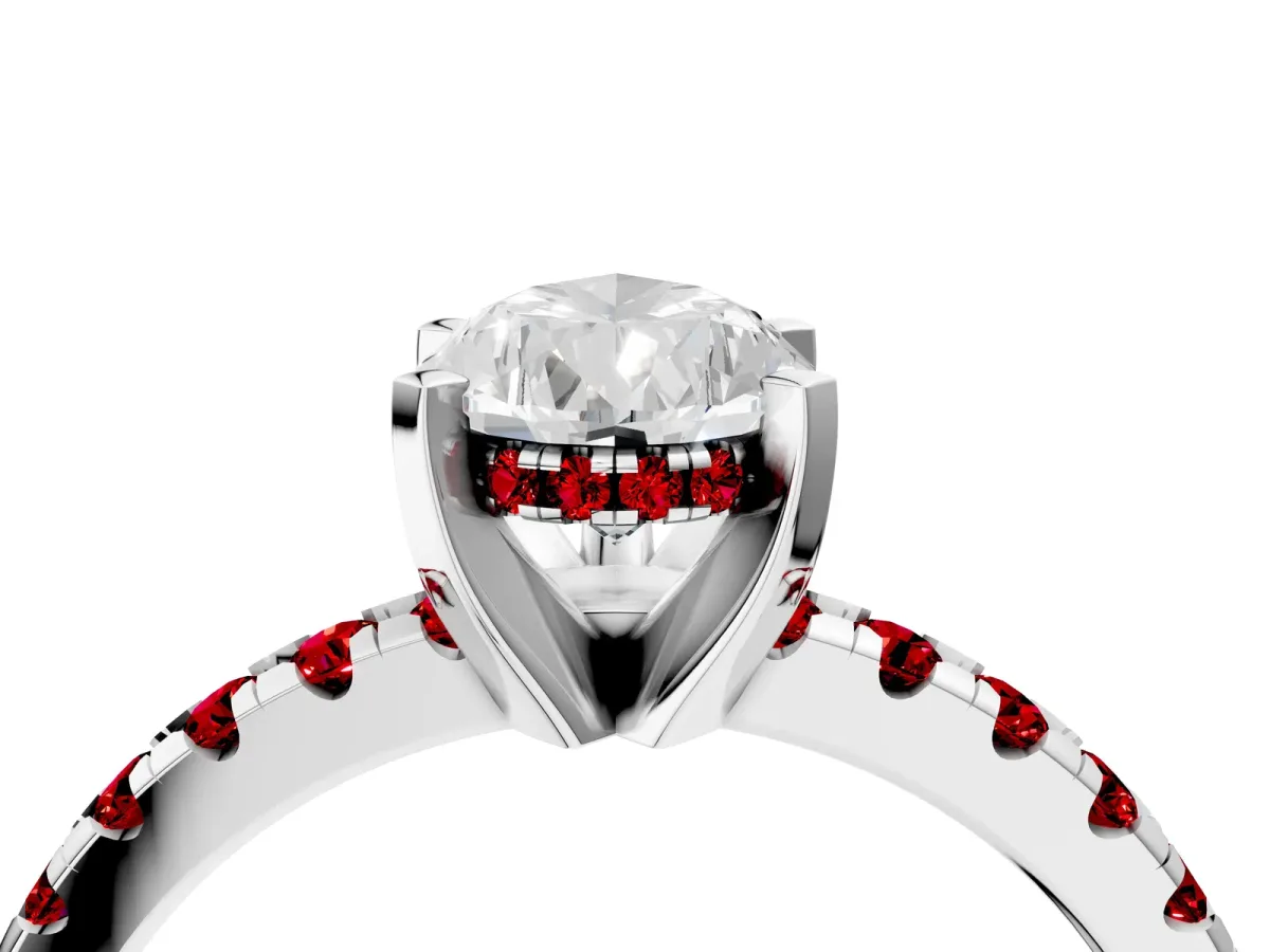 Pear Cut Diamond Solitaire Ring with Round Ruby Pavé Band and Four-Prong Setting White gold