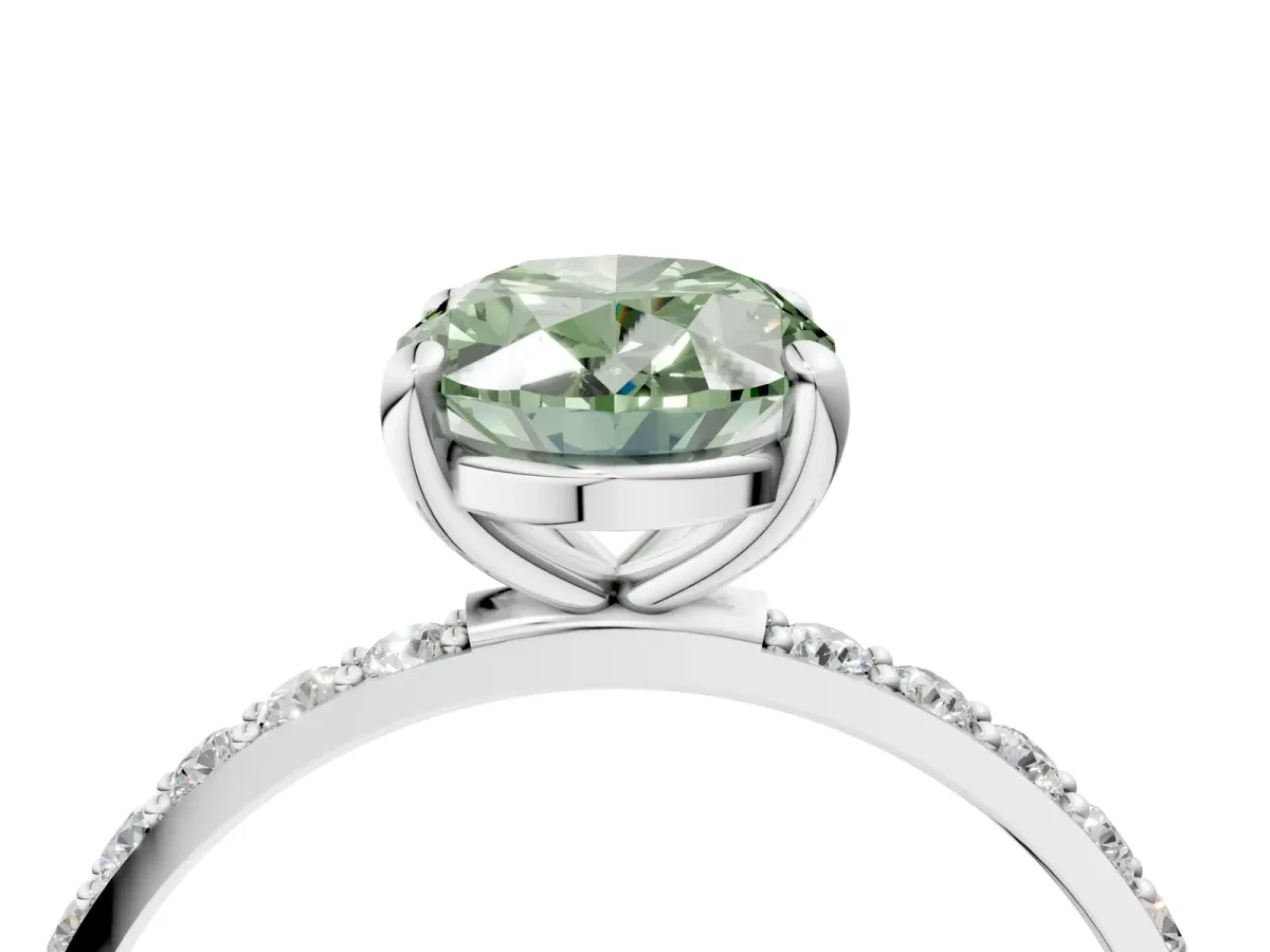 Fancy Green Oval Cut Diamond Solitaire Ring with Round Pavé Band and Prong Setting Silver