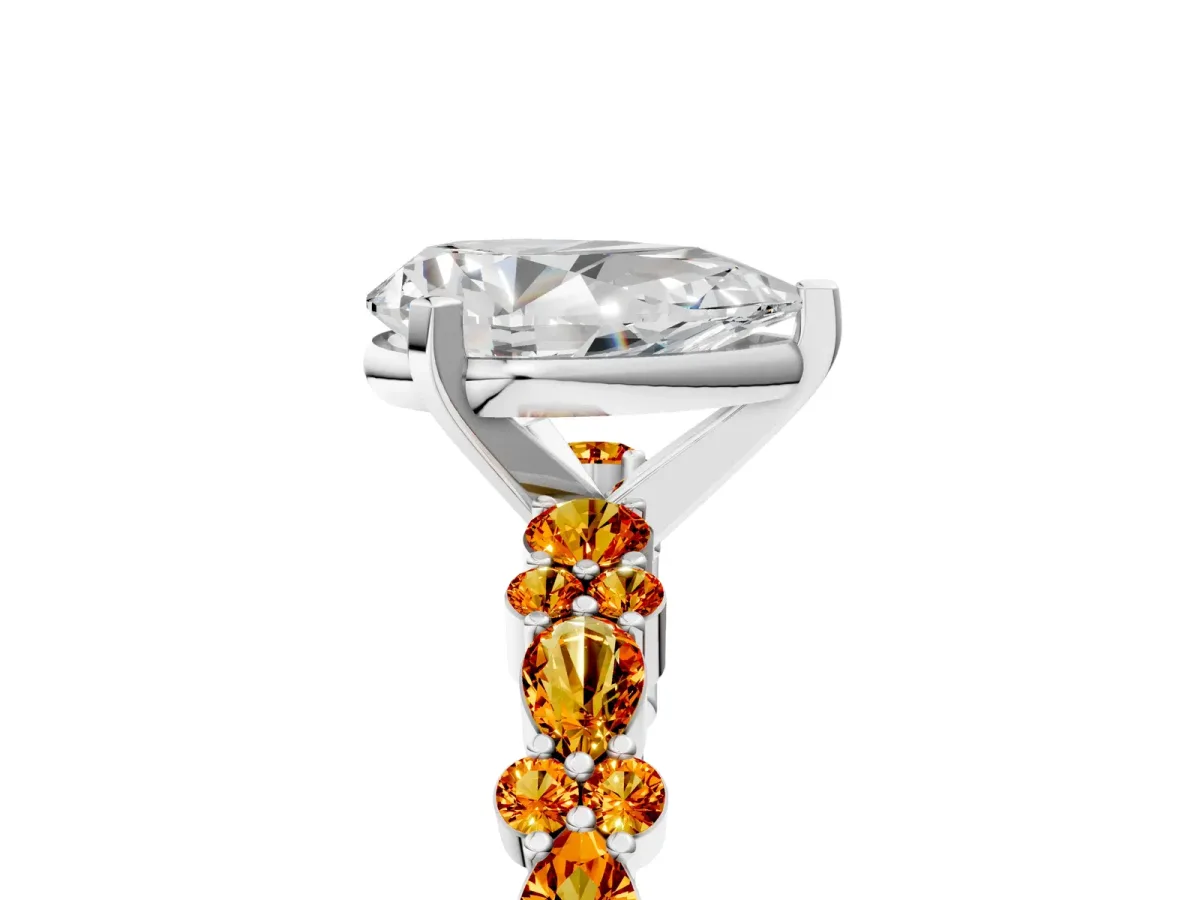 Pear Cut Diamond Side Stone Solitaire Ring with Round Citrine and Four-Prong Setting Silver