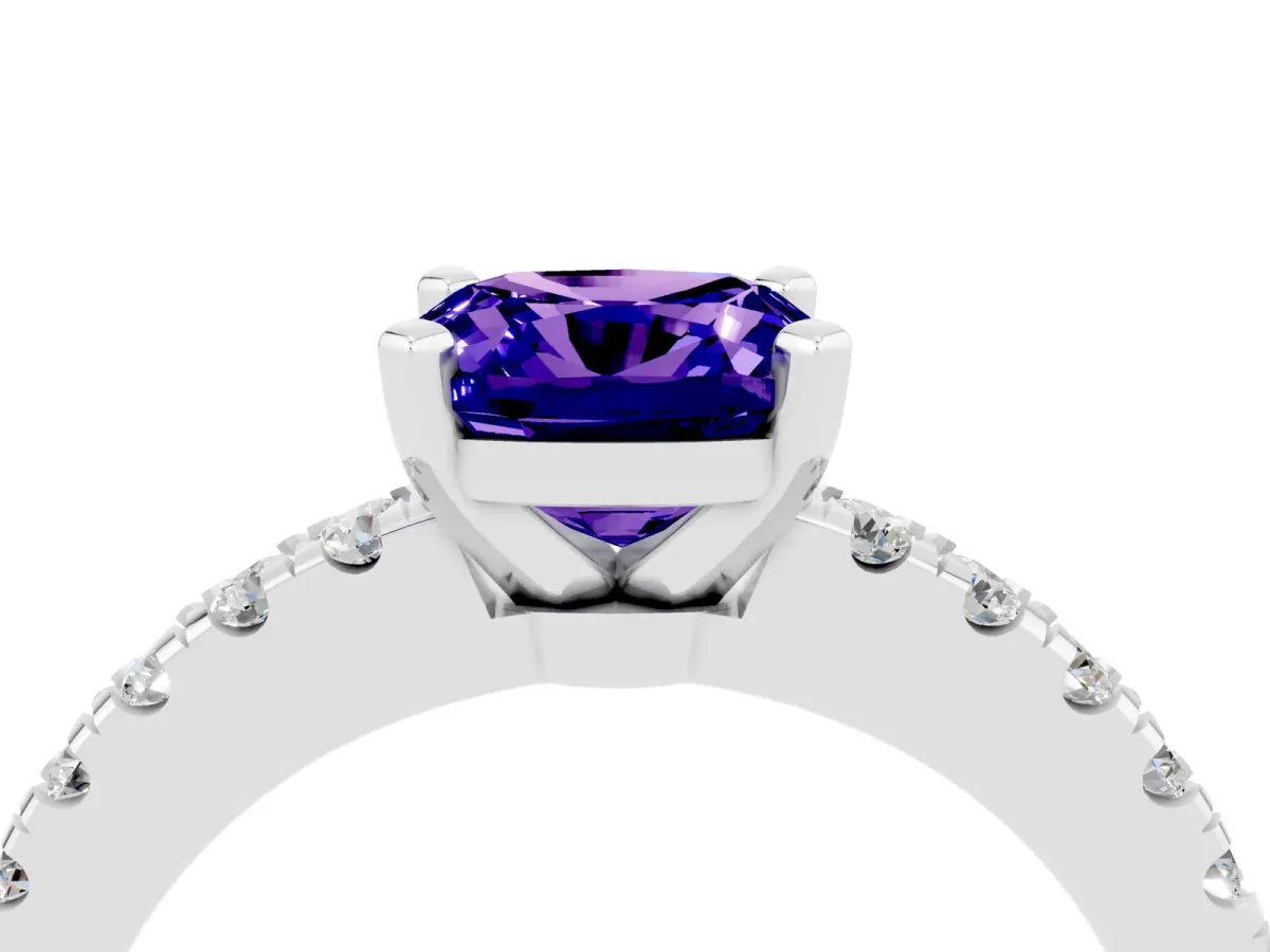 Cushion Cut Solitaire Tanzanite with Pavé Band and Four-Prong Setting Silver