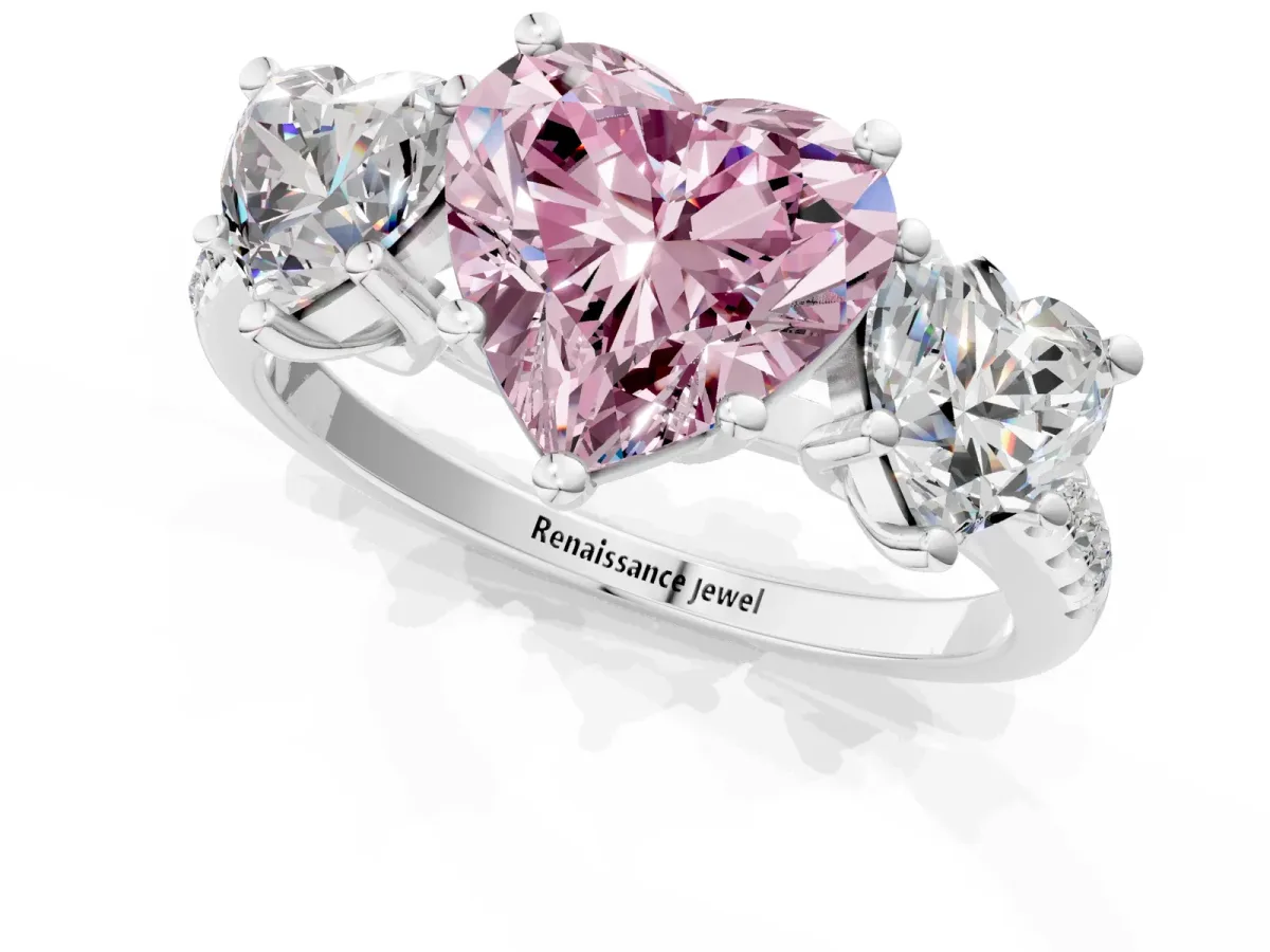 Fancy Pink Three-Stone Heart Cut Diamond Ring with Round Pavé Band and Prong Setting Silver