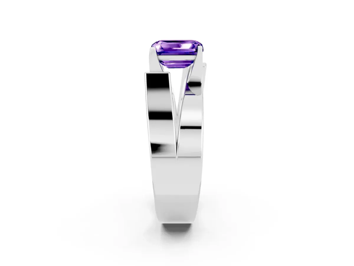 Modern Tension Set Emerald Cut Tanzanite Solitaire Wide Band Ring Silver
