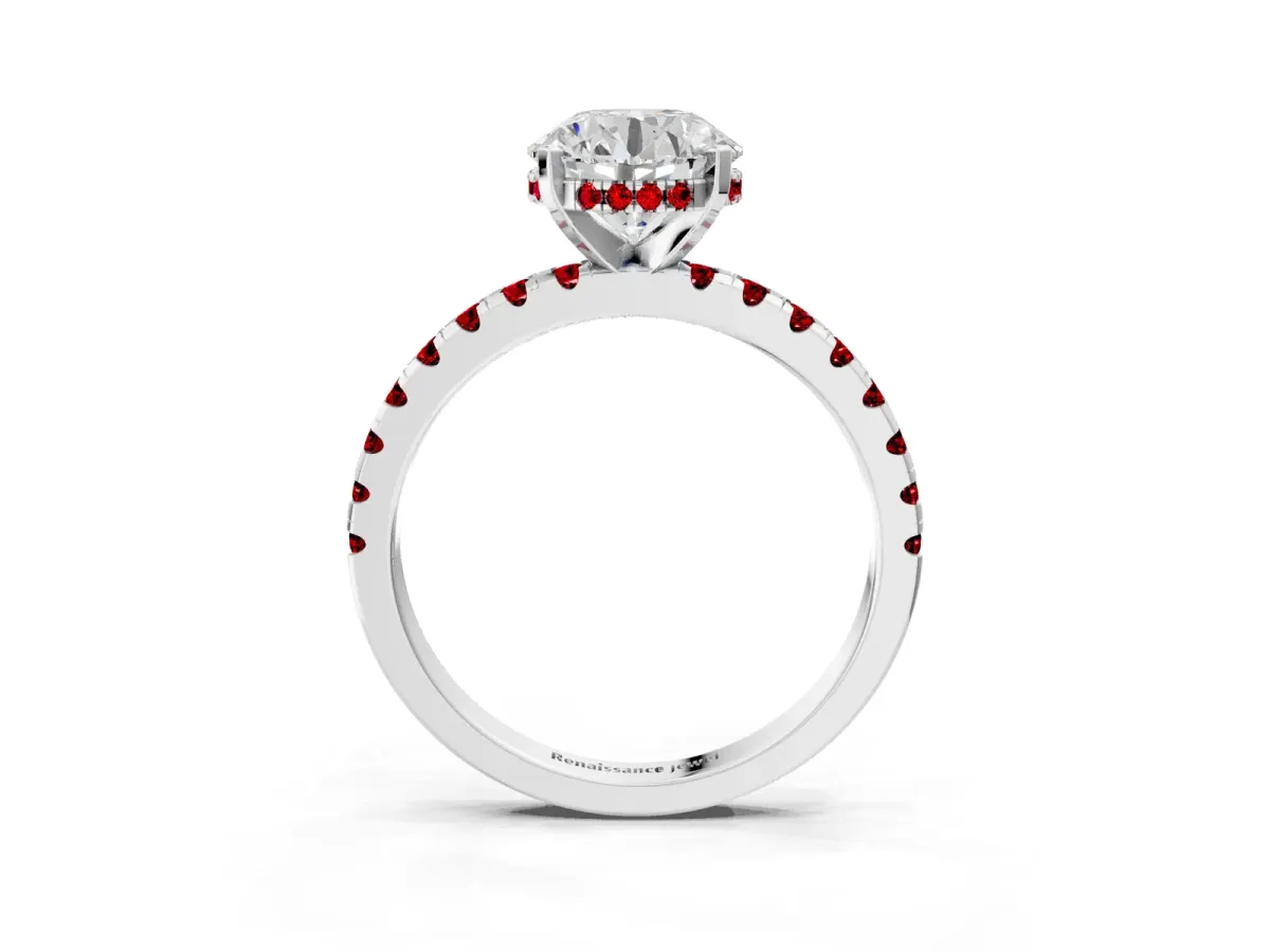 Round Cut Diamond Solitaire Ring with Round Ruby Pavé Band and Four-Prong Setting Platinum