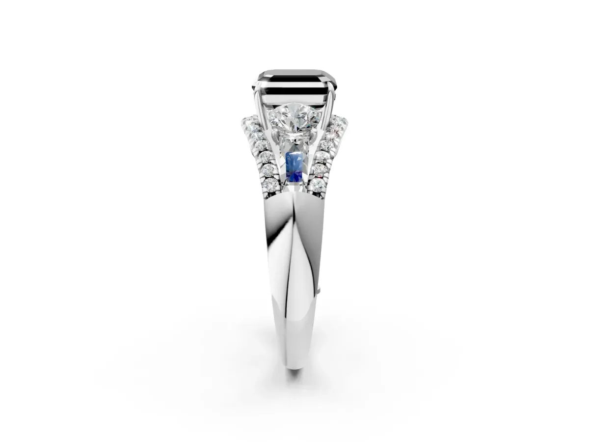 Fancy Black Three-Stone Asscher Cut Diamond Engagement Ring with Pave Band and Prong Setting Platinum
