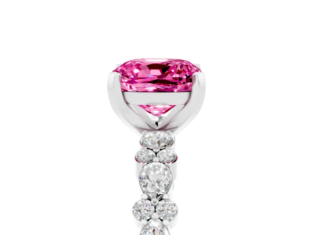 Cushion Cut Pink Sapphire Side Stone Solitaire Ring with Round and Four-Prong Setting Platinum