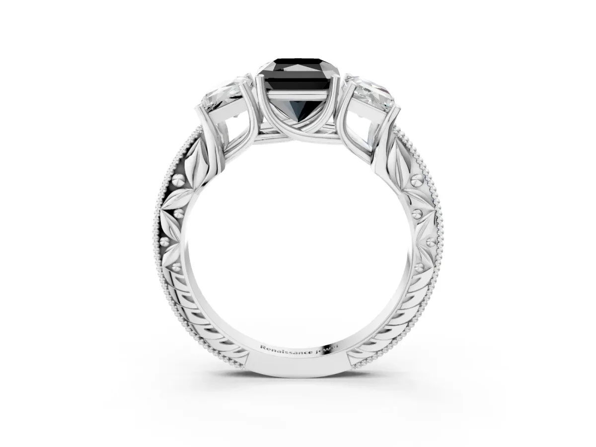 Fancy Black Three-Stone Radiant Cut Cut Milgrain Pavé Engagement Ring Platinum