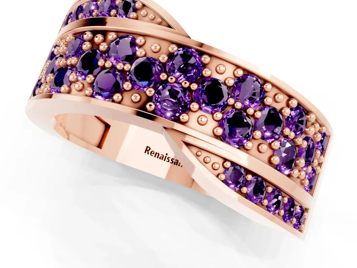 Pavé Round Amethyst Crossover Band with Bead Prong Setting Rose gold