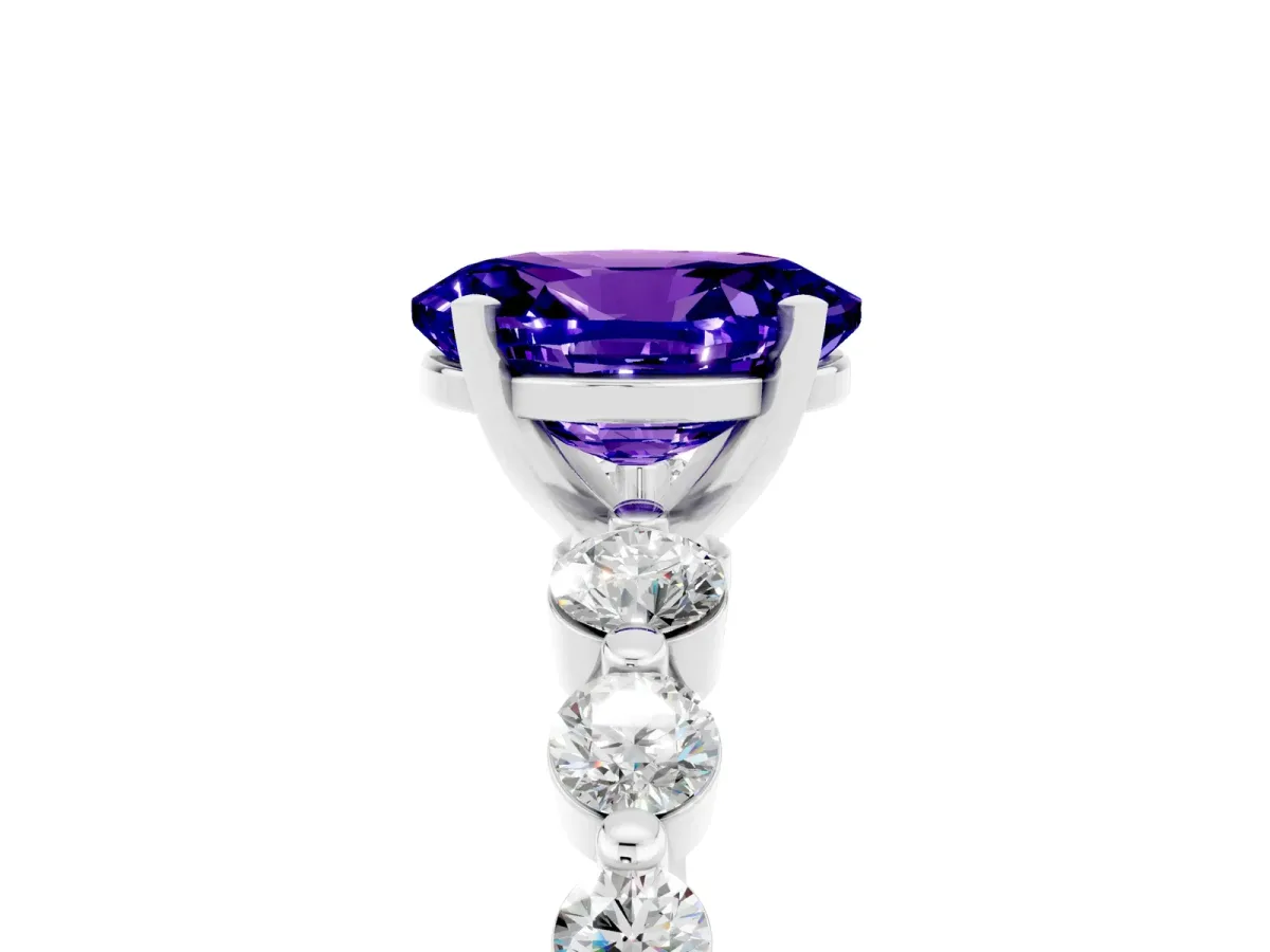 Oval Cut Solitaire Tanzanite Ring with Pave Band and Four-Prong Setting Silver