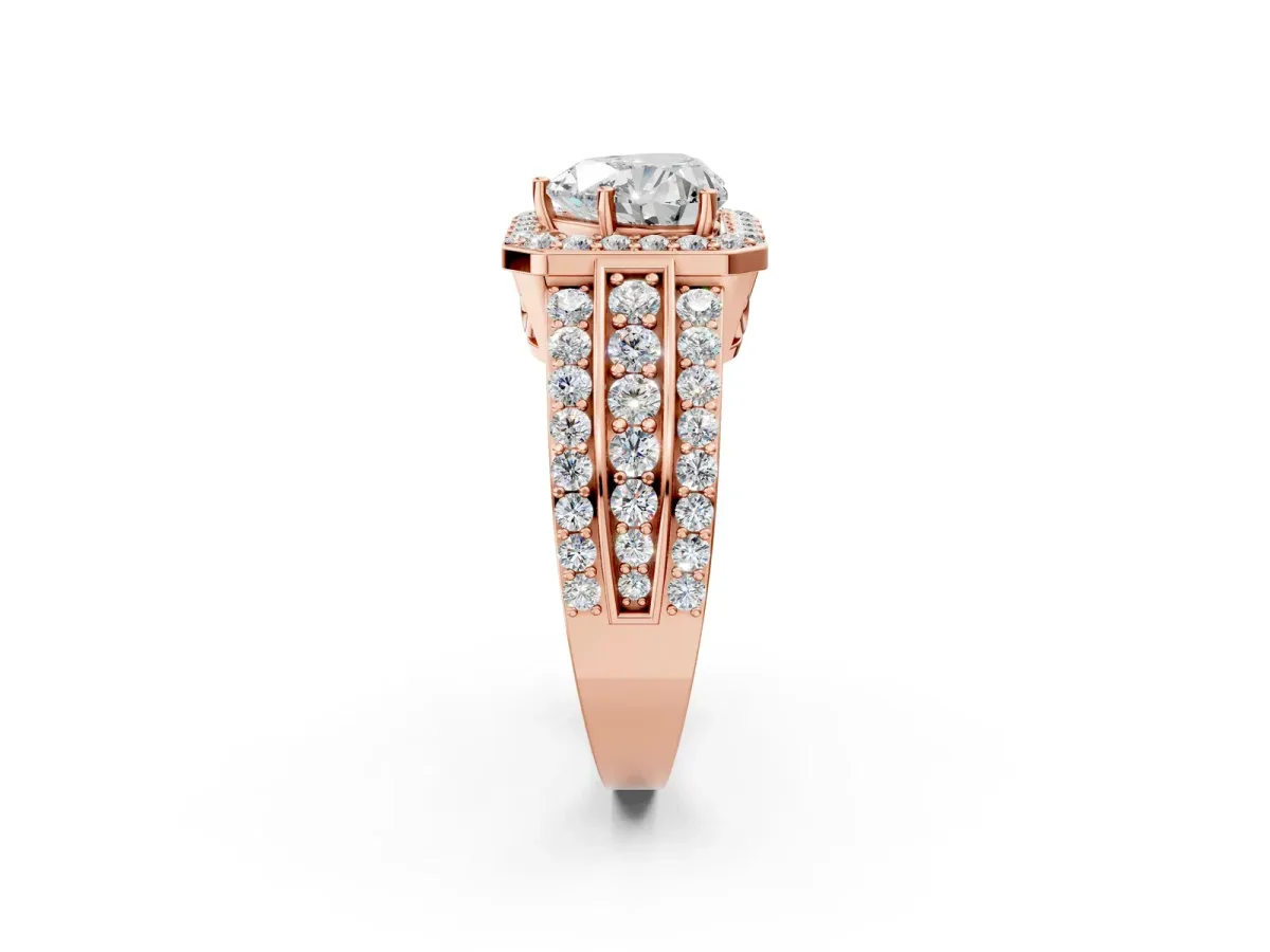 Heart Cut Halo Diamond Ring with Round Split Shank and Prong Setting Rose gold