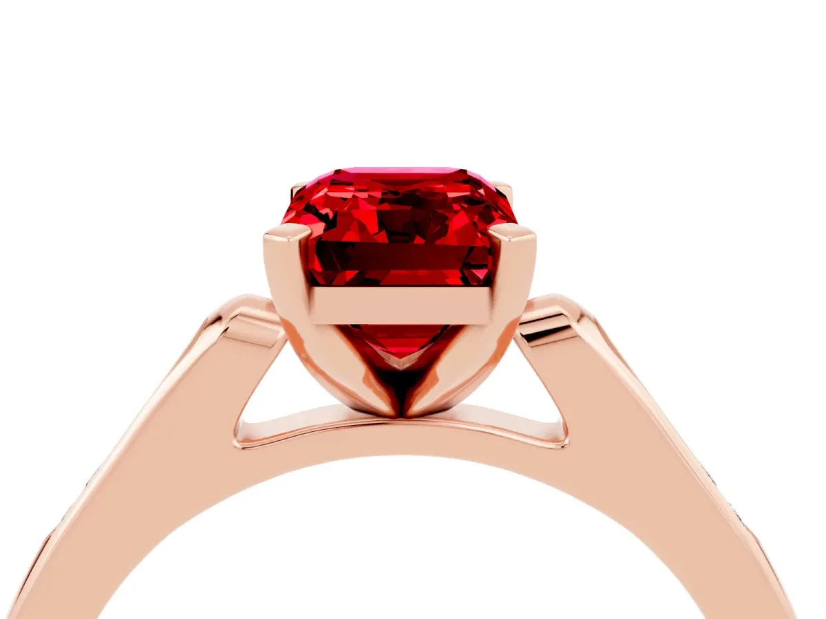 Emerald Cut Ruby Solitaire Ring with Channel Set Round Band and Prong Setting Rose gold
