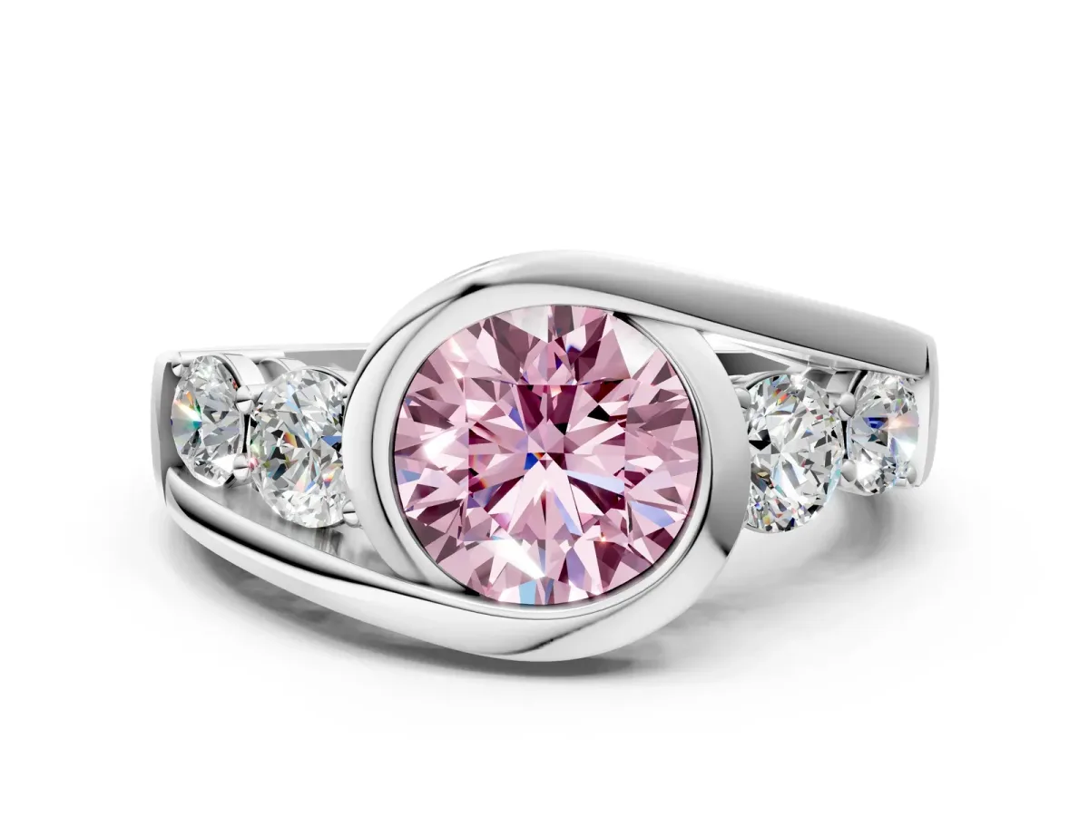 Fancy Pink Bezel Set Round Cut Diamond Bypass Ring with Round Accents Platinum