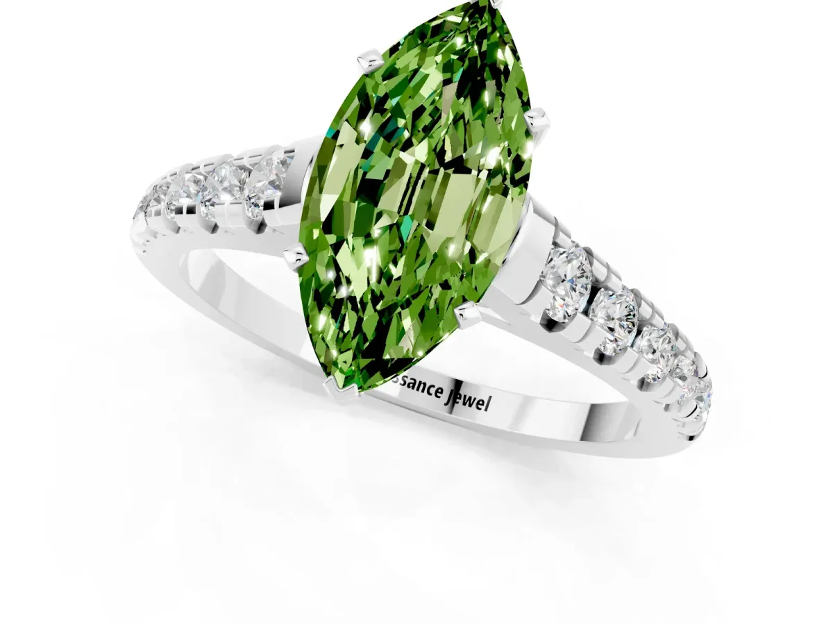Marquise Cut Peridot Cathedral Solitaire Ring with Round Pavé Band Silver