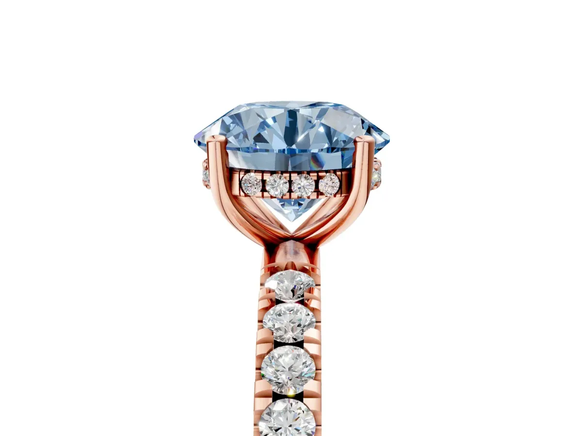 Fancy Blue Round Cut Diamond Pave Band Solitaire Ring with Round and Prong Setting Rose gold